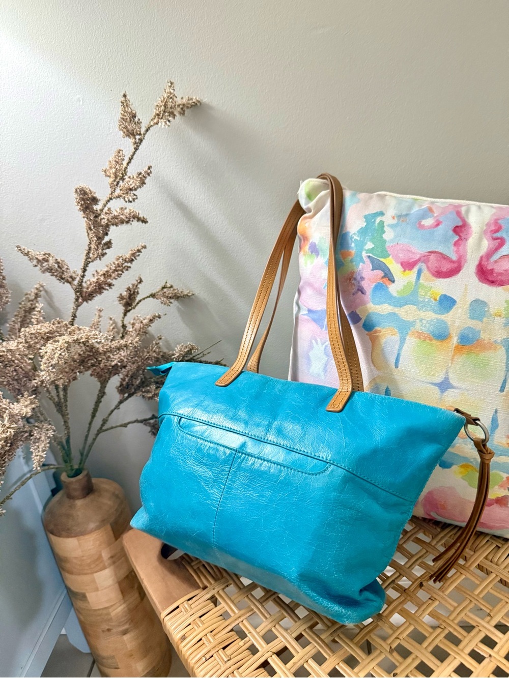 Turquoise Leather Tote Bag with Tan Straps